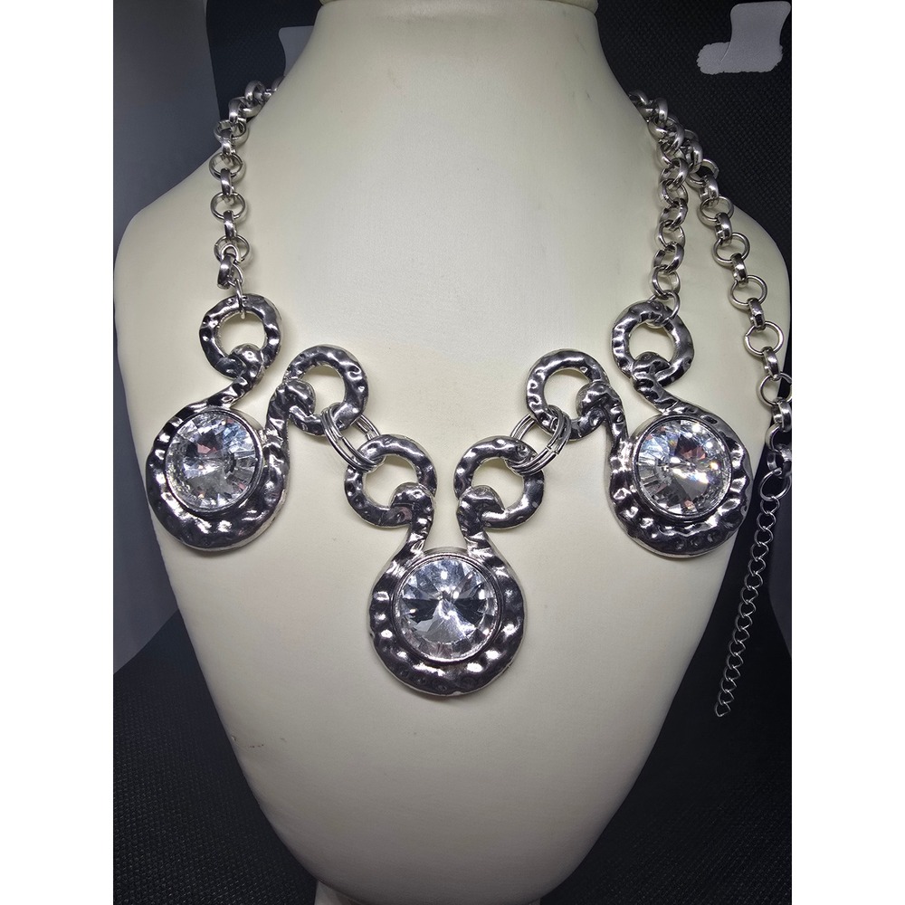Hammered Silver Tone Chunky Statement Necklace Large Clear Crystals Adjustable